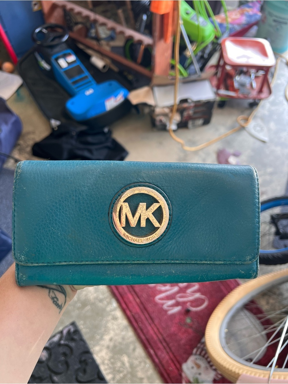 Michael Kors Teal Leather Wallet with Gold MK Emblem